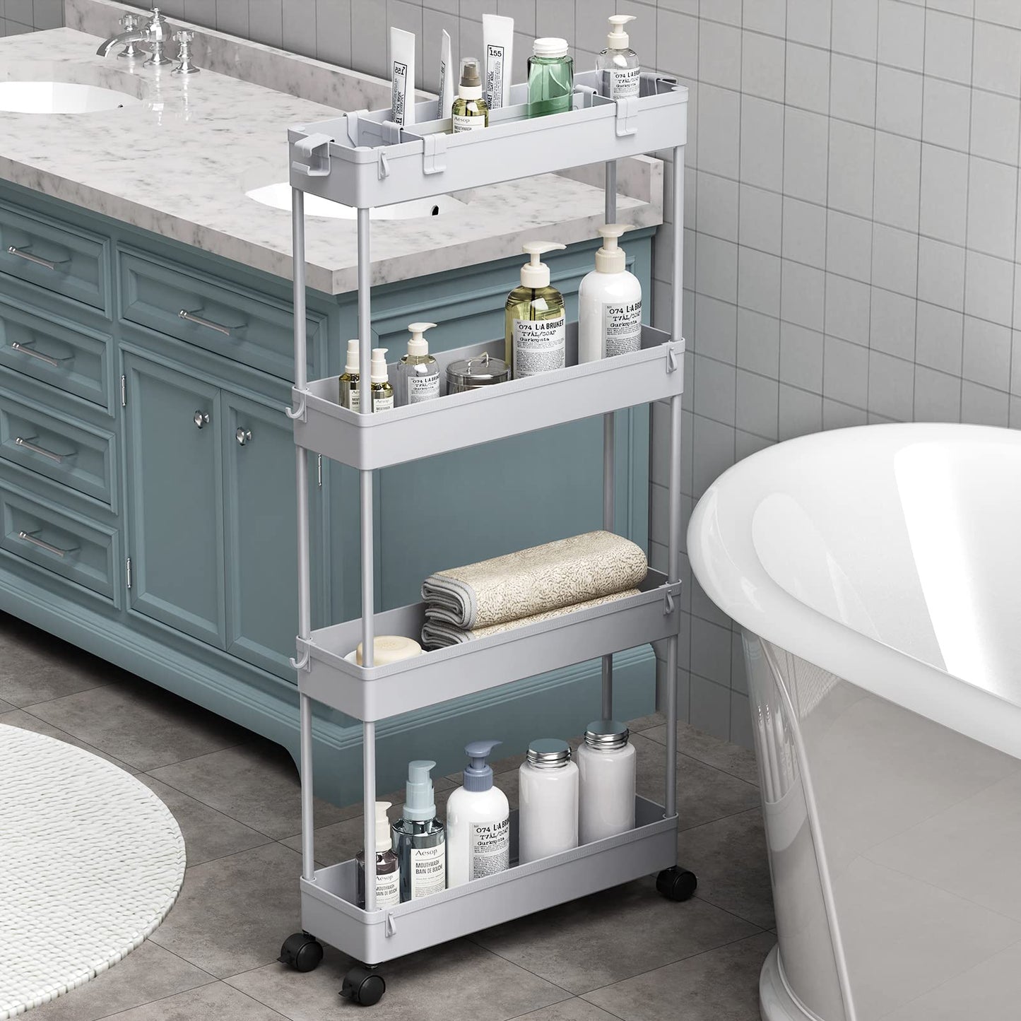 SAKA Slim Storage Cart,4 Tier Bathroom Rolling Utility Cart Storage Organizer Slide Out Cart