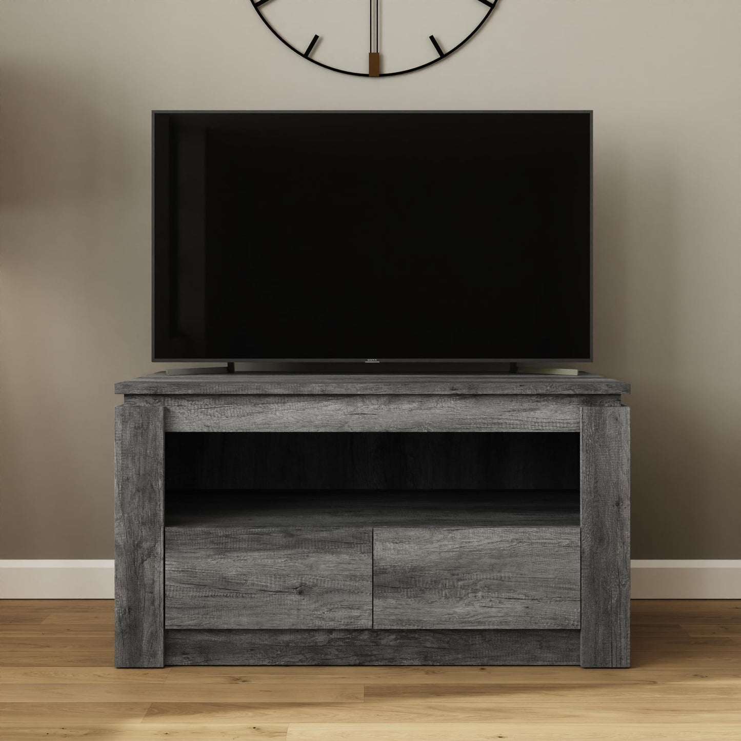 GFW Canyon 2 Drawer TV Unit, Charcoal Grey TV Stand with Storage Drawers & Open Shelf