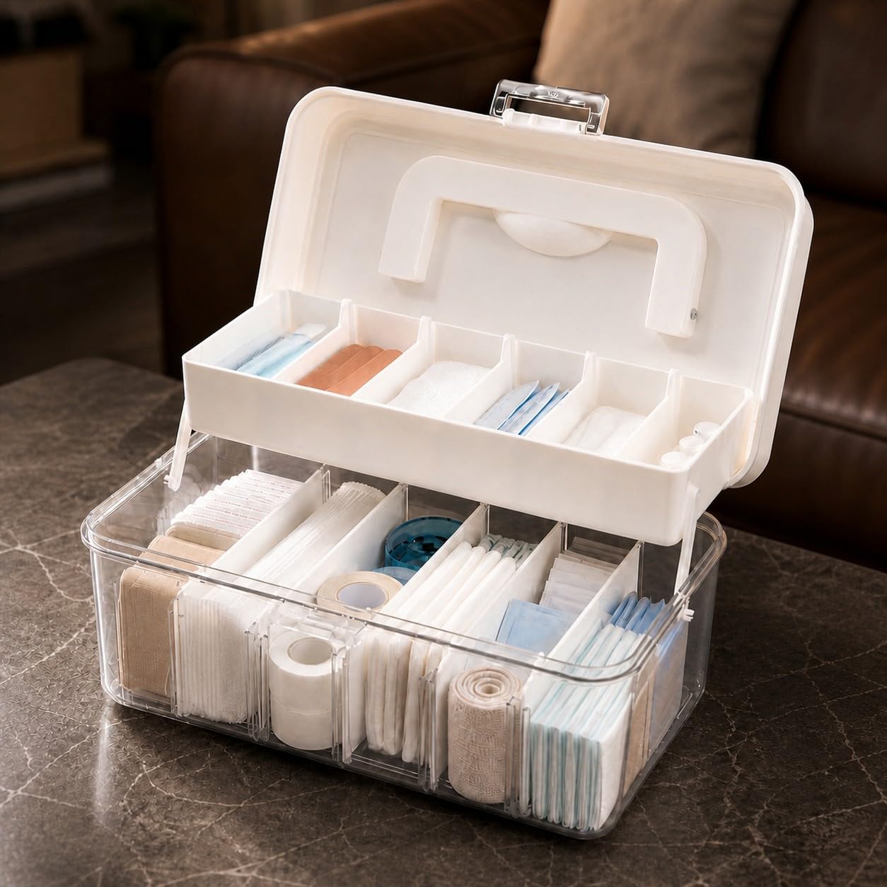YJQXMYU Medicine Storage Box with Adjustable Dividers, 2-Layer First Aid Box, 24.5cm Multipurpose Storage Box with Lid & Handle for Medicine, Tool