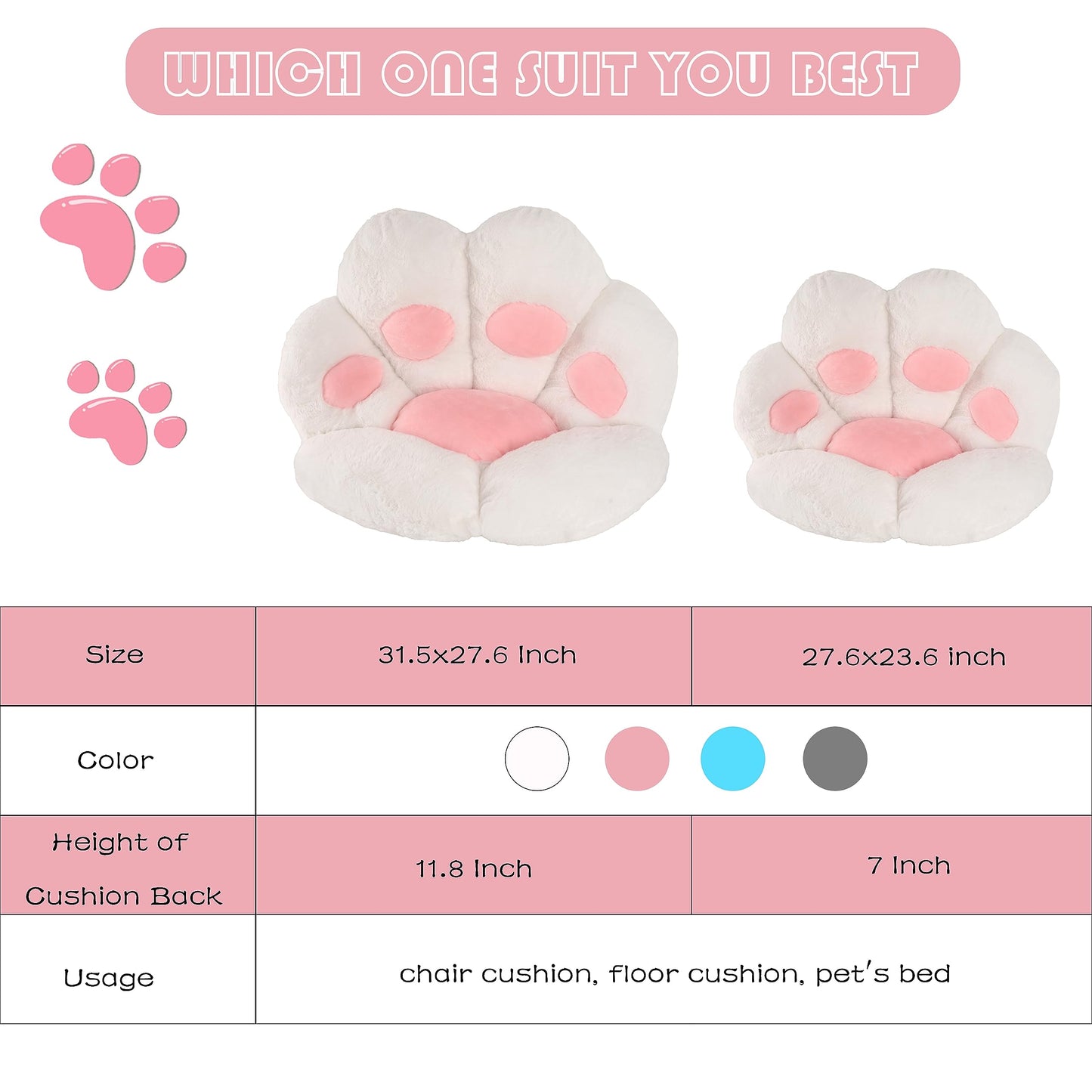 FlyGulls Cat Paw Cushion Kawaii Cat Pillow for Computer Gaming Chair Comfy Cat Paw Seat Cushion for Office Chairs Cute Cat Plush Pillow for Room