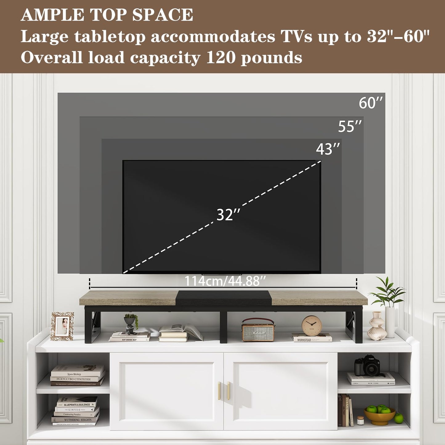 IBUYKE 45" Large TV Riser for 32-60 inch TV,Tabletop Short TV Stand with Storage and Steel Legs,Dual Screen Office Desk,Stand Riser,TV Riser Stand