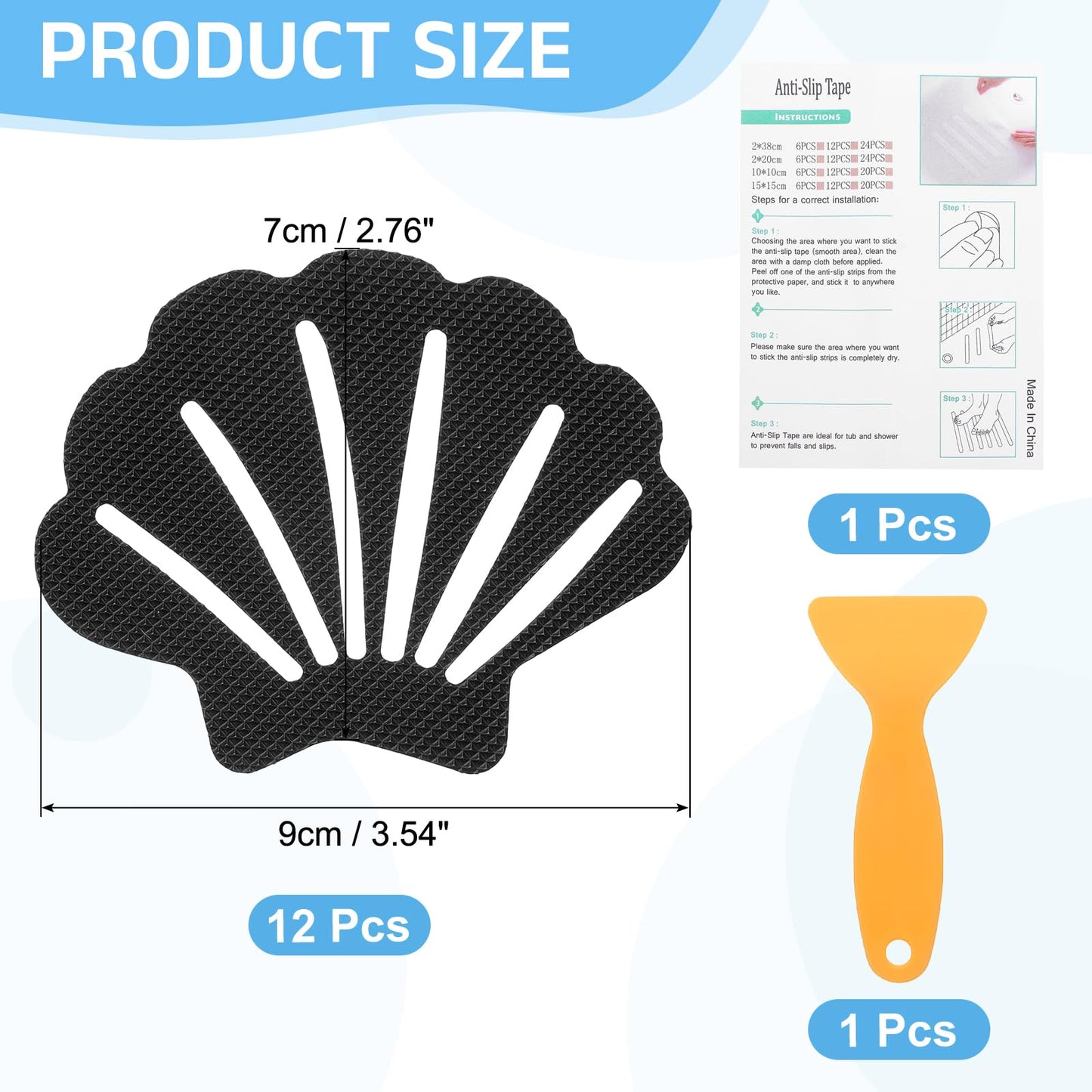 sourcing map 12Pcs Non-Slip Bathtub Stickers, 9x7 cm Shell Shape Shower Floor Non Slip Stickers with Scraper for Bathroom Shower Stairs Ladders, Black