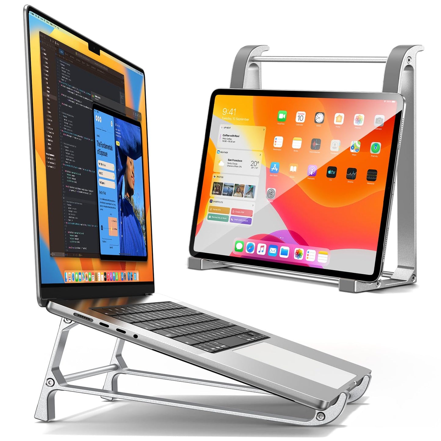 MAGIC JOHN Vertical Laptop Stand & Storage Holder - Portable Aluminum Stand with Silicone Pads, Detachable Design, Cooling & Desktop Riser