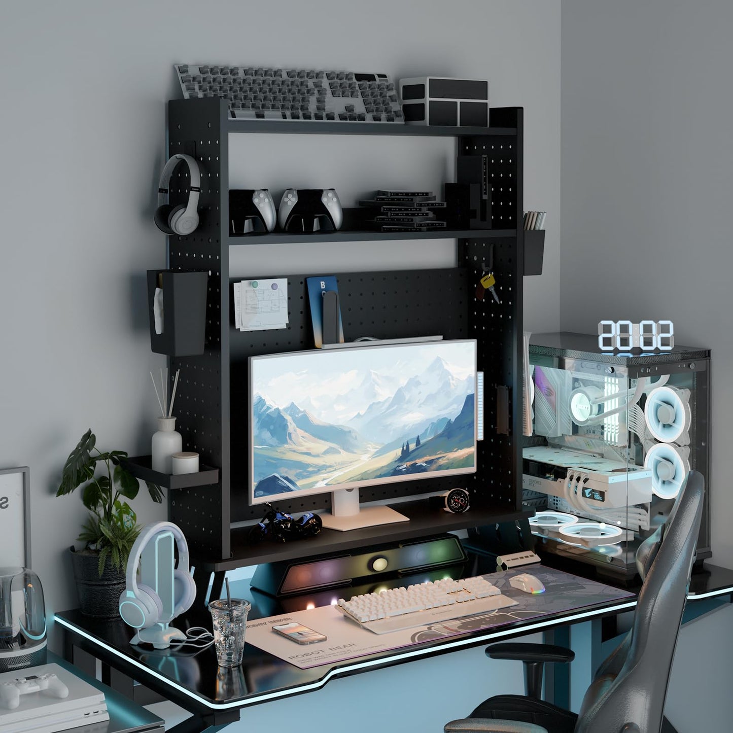 Boltmol 2-Tier Desk Shelf With Monitor Riser,Black 80CM, Desktop Organizer With Pegboard, Countertop Storage Bookcase For Home, Office Or Dorm