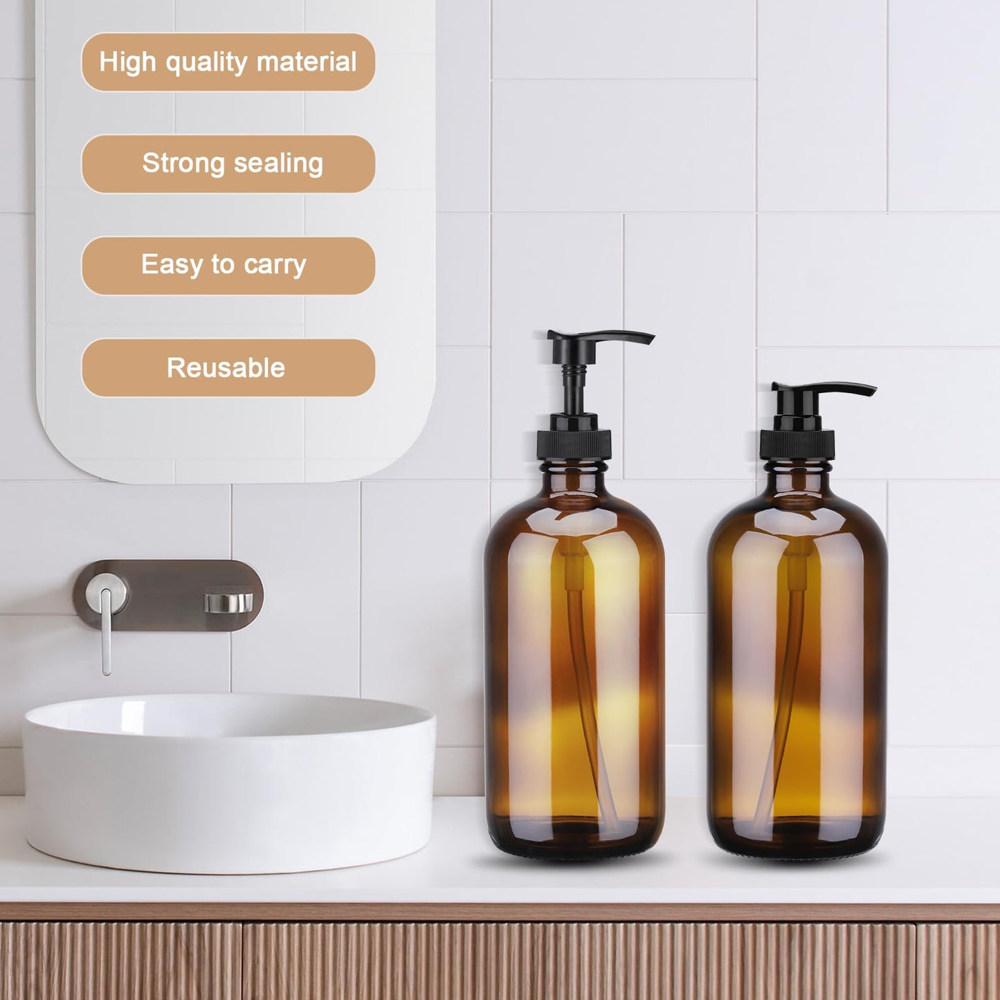 Hejo 2 Pcs Amber Glass Soap Dispenser, 500ml Hand and Dish Soap Dispenser