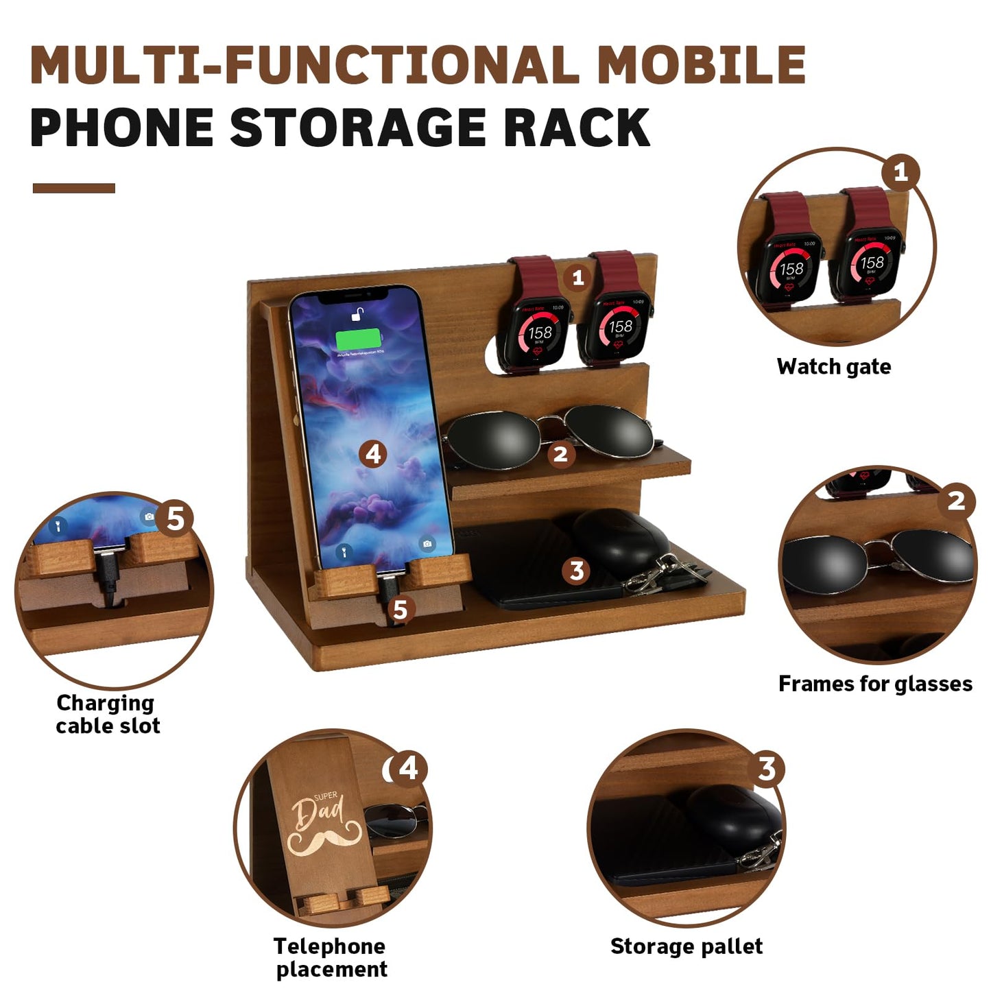 Fathers Day for Dad, Dad Birthday Gifts, Wood Phone Docking Station, Bedside Table Organiser, Presents for Father