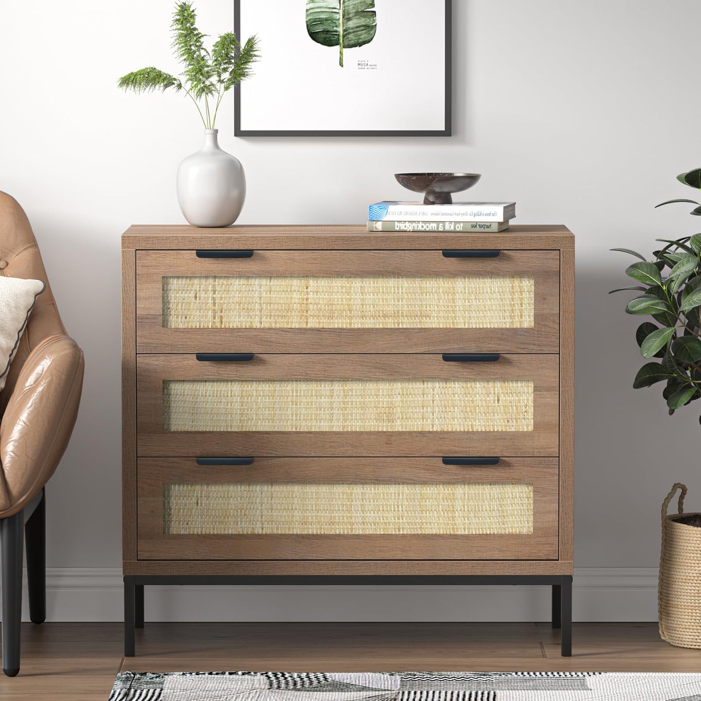 Skokliz Rattan Chest of Drawers with 3 Drawers, Storage Organizer for Bedroom, Wide Dresser Chest of Drawers, Modern Wooden Storage Unit for Hallway