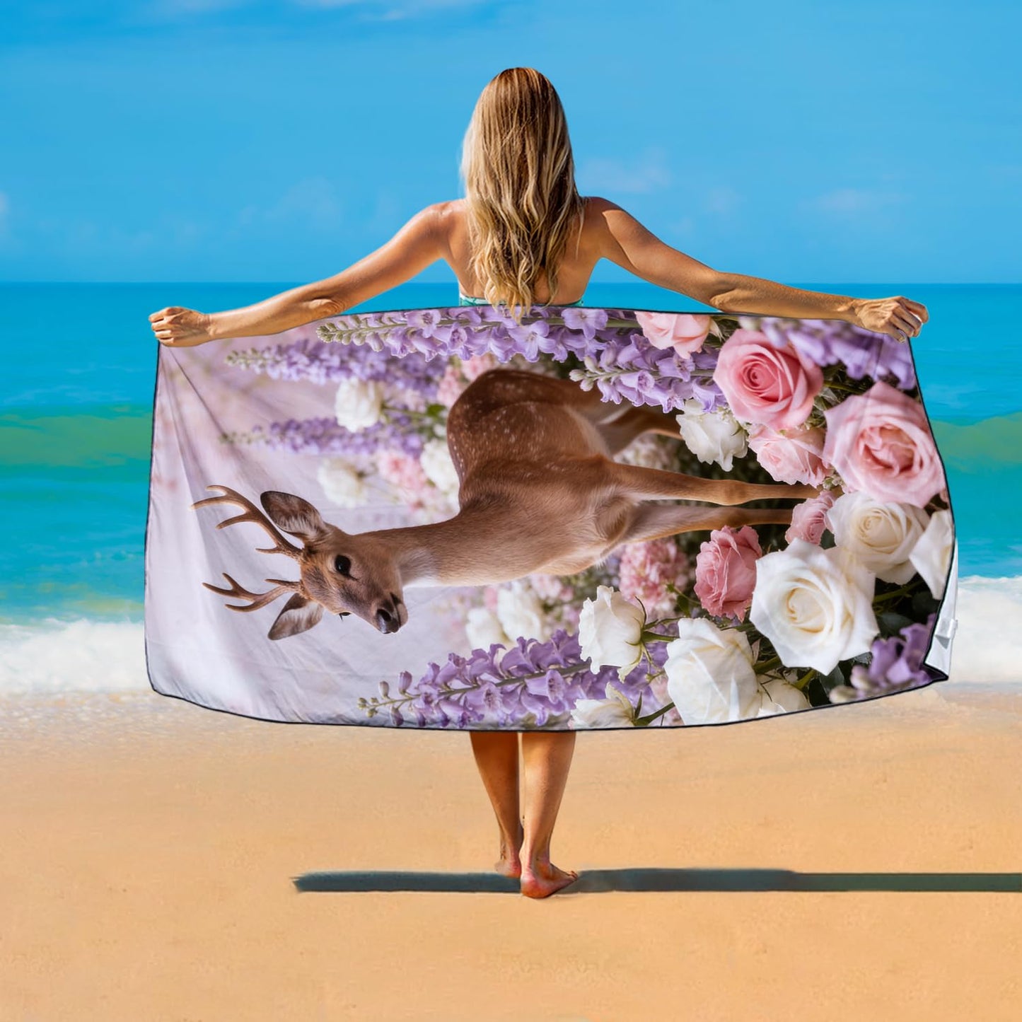 Violetpos Deer in Roses & Larkspur Beach Towel, Extra Large 180x90 cm 250GSM Microfibre, Sand Free Quick Dry