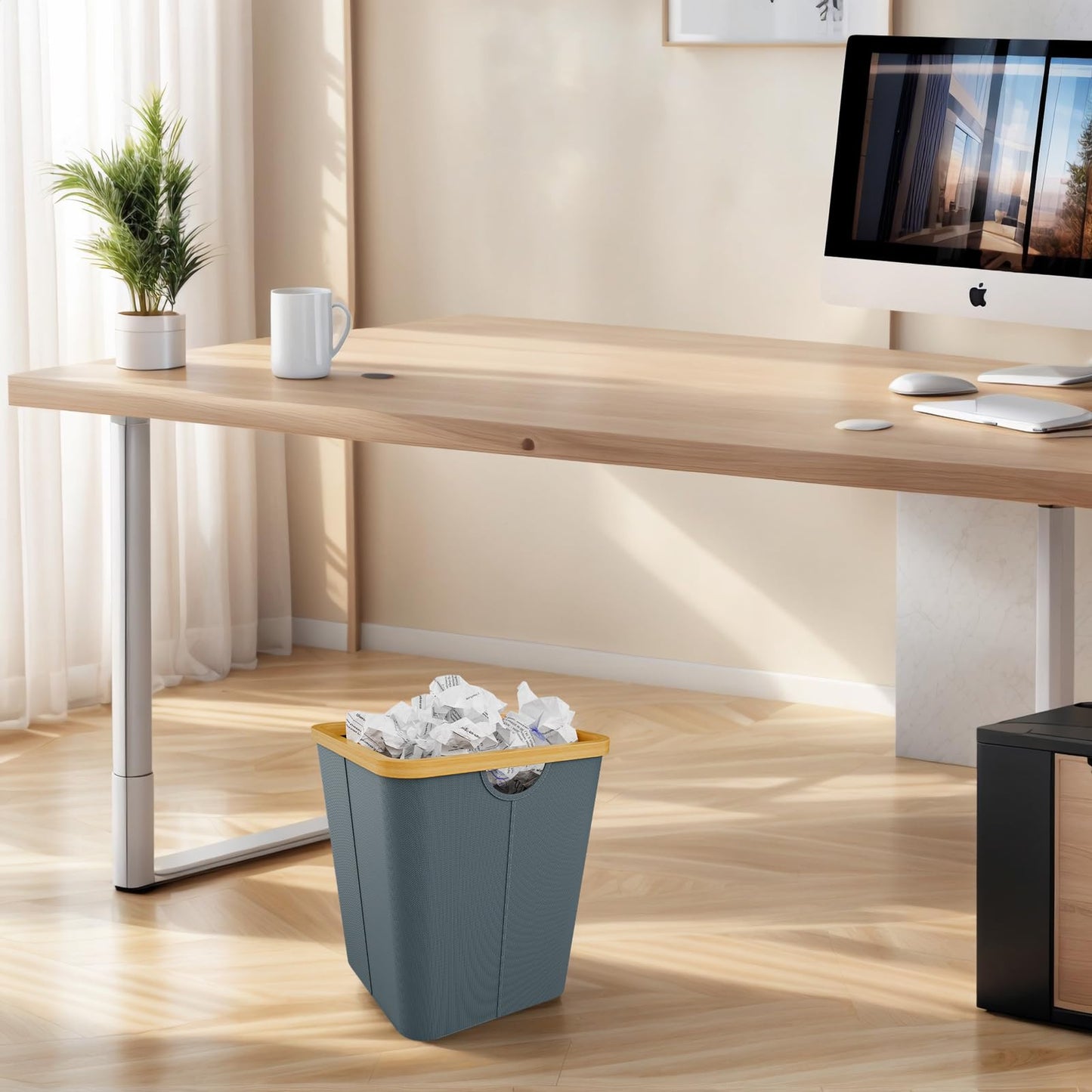Vireon Waste Paper Bin with Bamboo Frame 30L Waste Basket with Oxford Fabric - Desk Bins for Office & Home Accessories (Grey, Square, 30, Litres)
