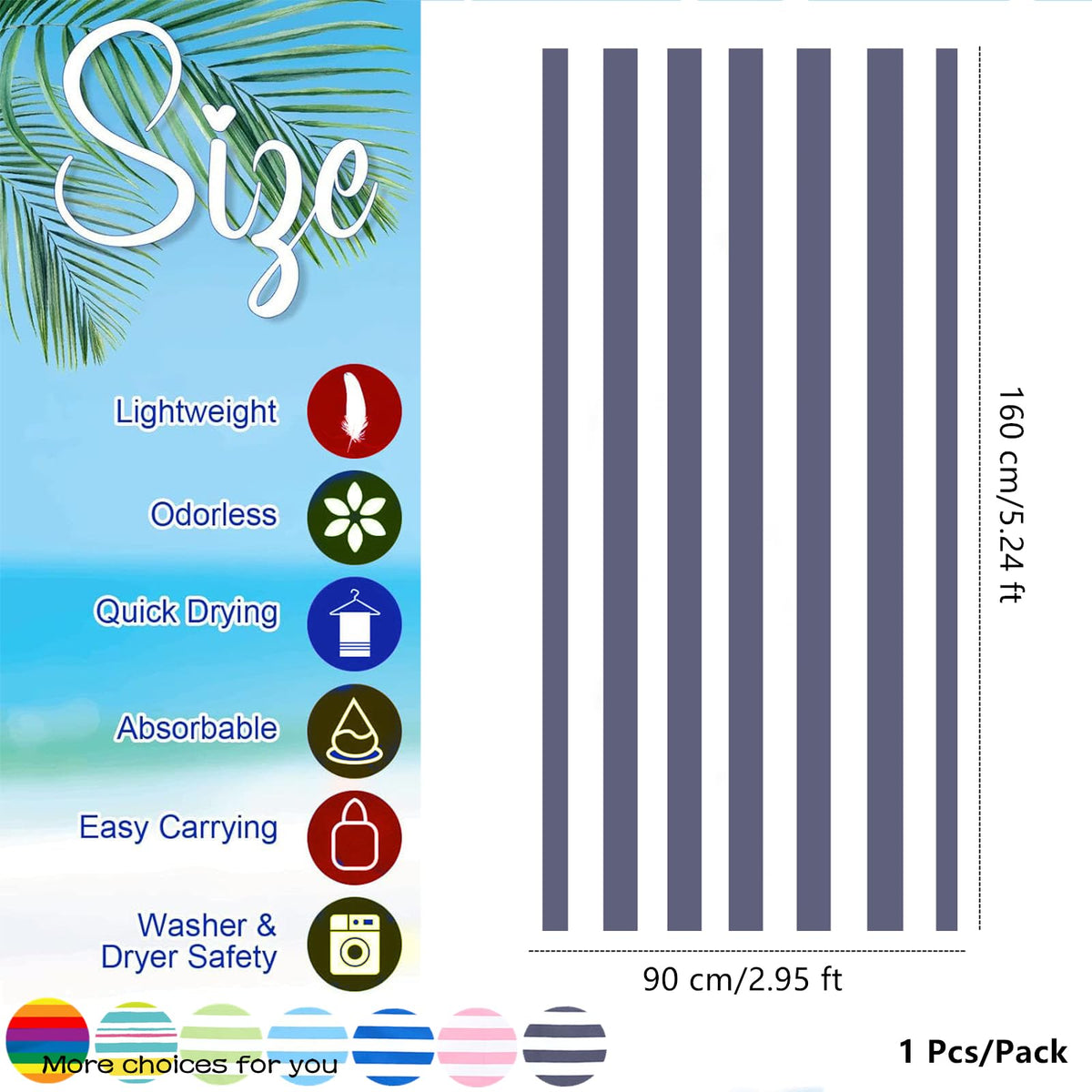 Large Microfibre Beach Towel for Adult,160x90cm Double Sides Gray Striped Sand Free Beach Towel,Lightweight Quick Dry Travel Swim Towel with
