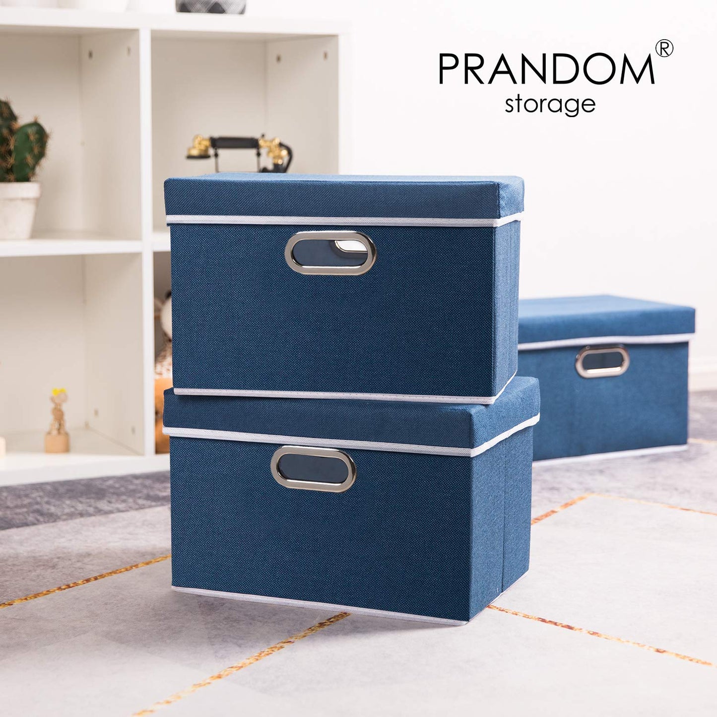 Prandom Storage Boxes with Lids,Collapsible Linen Fabric Storage Box,Decorative Bins,Really Useful Box,Clothing Storage,Stackable,38x25x25cm,Royal