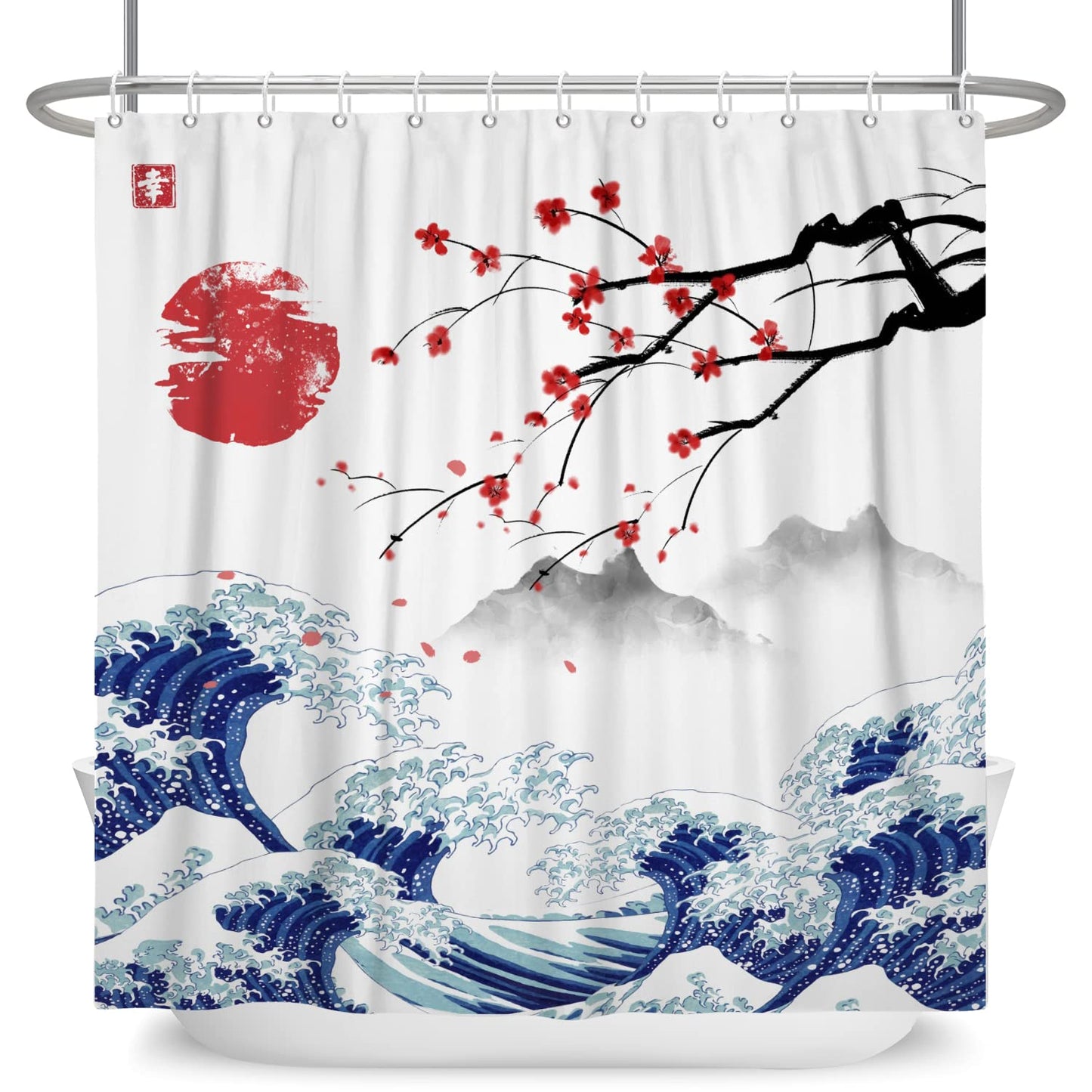 SDOTPMT 165x180cm Japanese Mount Fuji Shower Curtain Cherry Blossom Sunset Asian Ink Painting Bath Curtain Wave Landscape Painting Bathtub Curtain