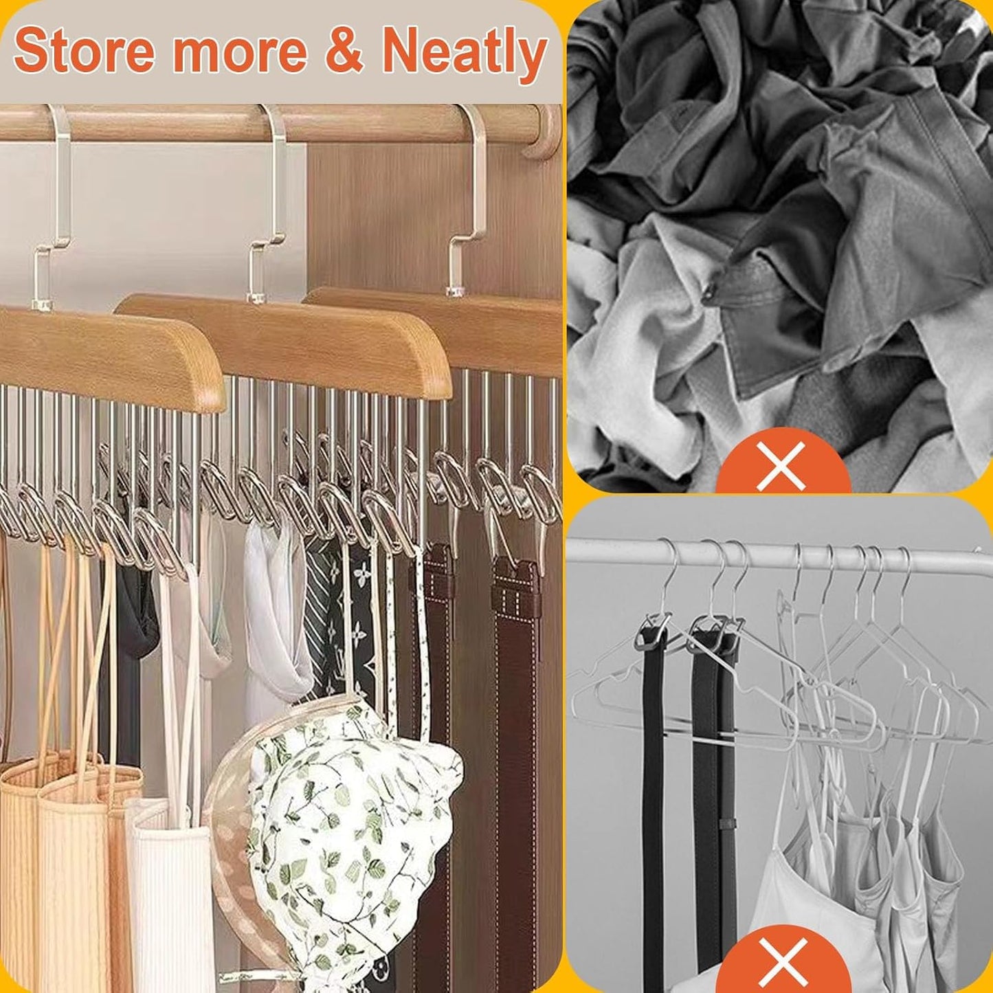 Belt Hanger for Wardrobe, 2 Pack Belt Hanger Wooden, Belt Rack with 8 Hooks,360 Degree Rotating Tie Hanger, Space Saving Belt Holder