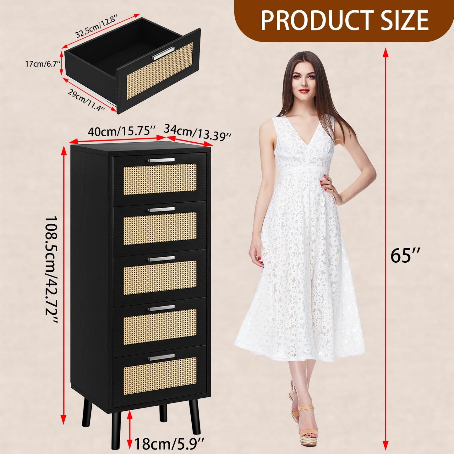 IBUYKE Rattan Chest of Drawers Bedroom with 5 Drawers,Black WST010B