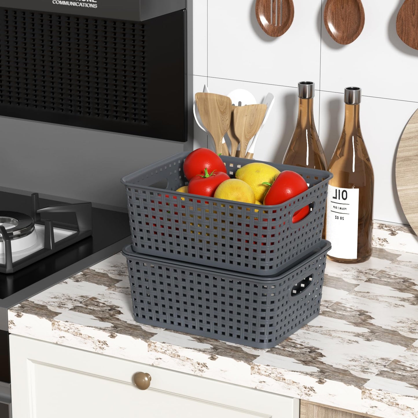 Lesbin 6-Pack Lidded Storage Baskets, ‌Weave Baskets with Lids, Gray