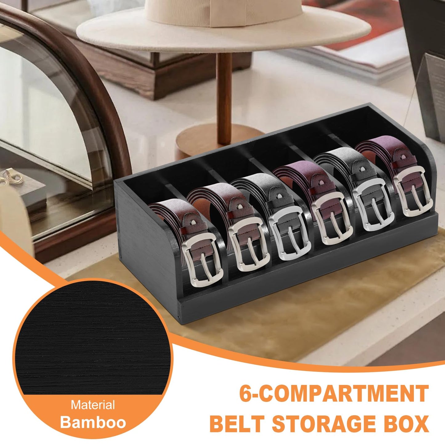 Sutowe Belt Organizer 6 Compartments Belt Storage for Closet and Drawer Bamboo Belt Display Case Belt Box Holder for Men Women Tie Jewelry
