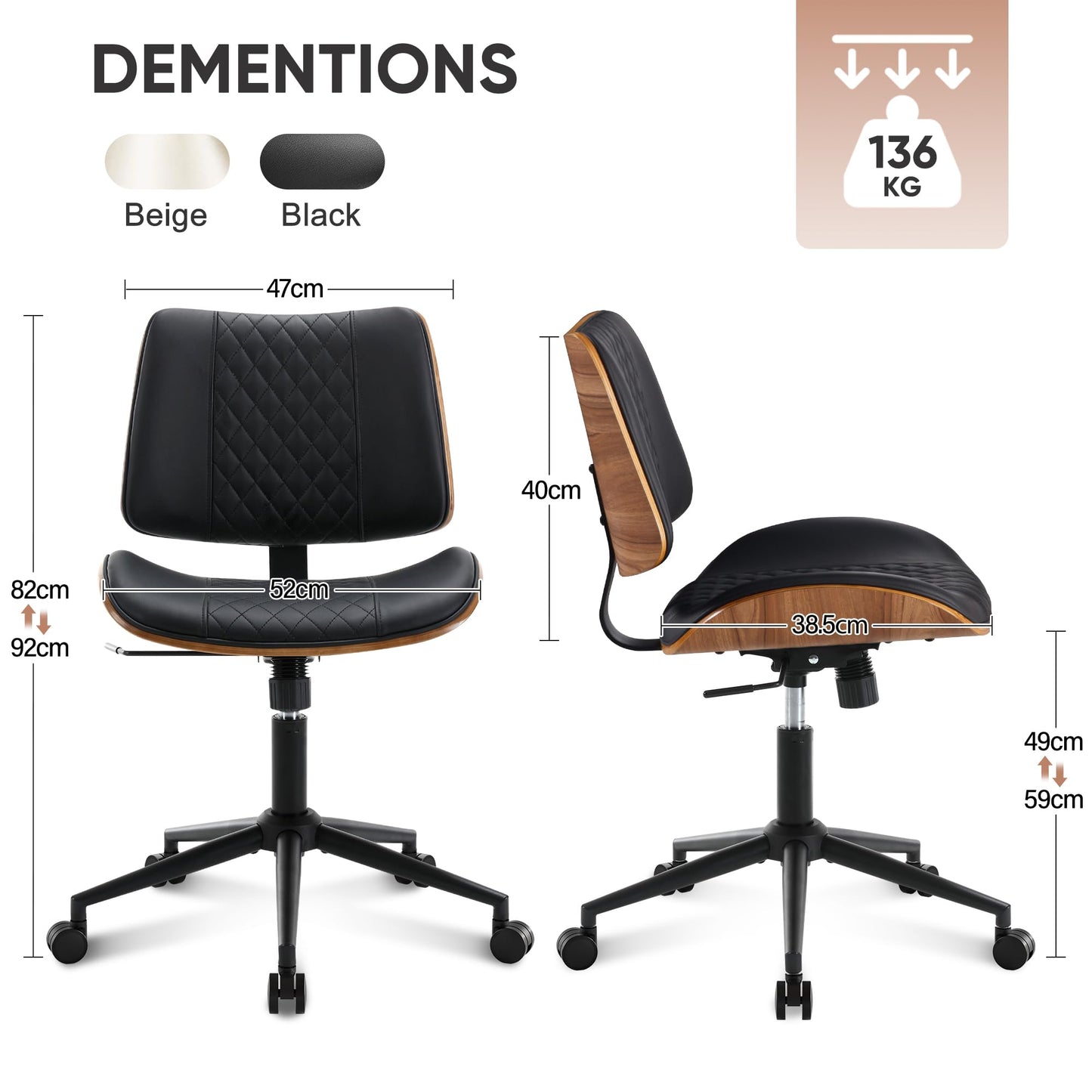 BERYTH Armless Desk Chair with Wheels Boucle Home Office Chair 360° Swivel Adjustable Height PU Leather Max. 136kg Mid Back Modern Bentwood Walnut
