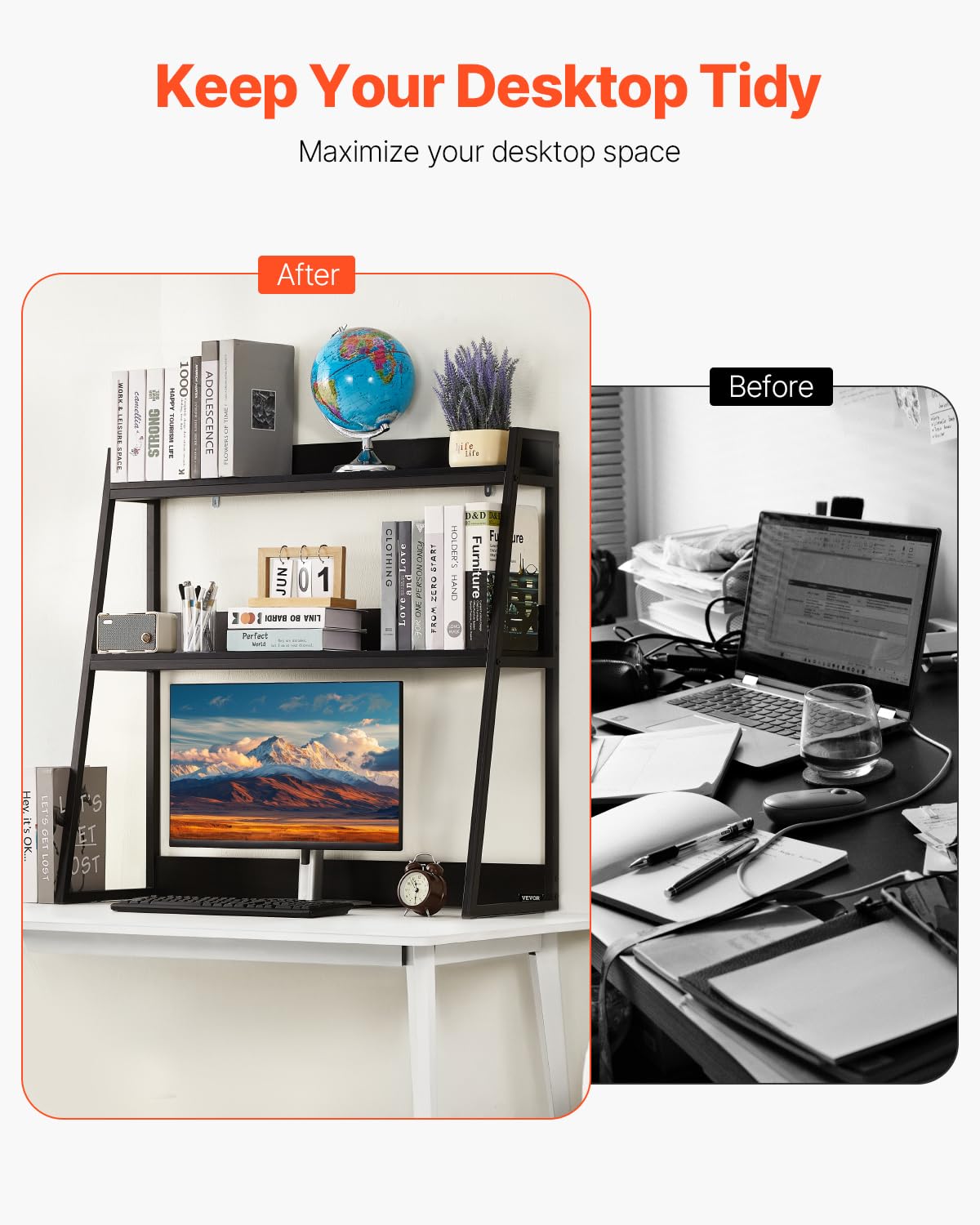 VEVOR Desktop Bookshelf, 2-Tier Desktop Storage Organizer, 37.4" x 12.6" x 35.4" Office Desk Storage Rack Display Shelf