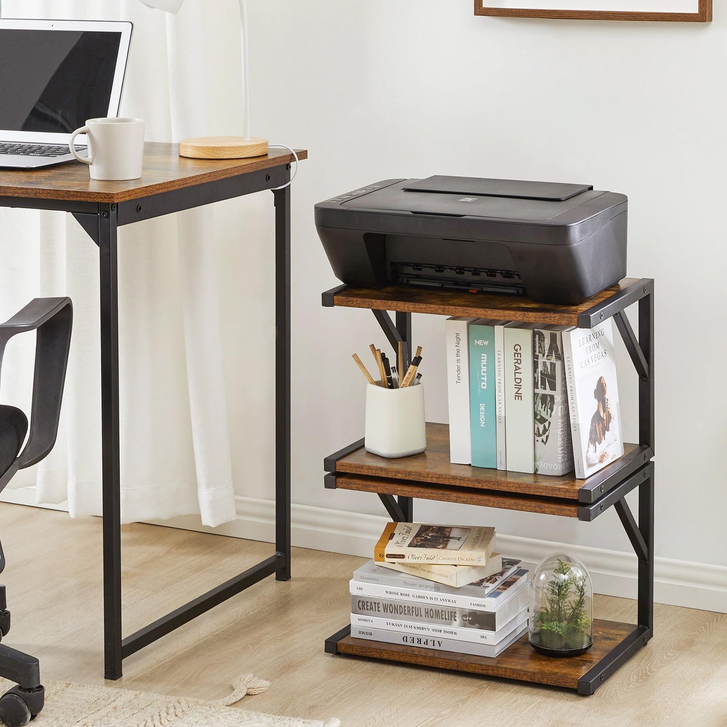 IBUYKE 2-Tier Desktop Printer Stand Holder, Multi-Purpose Desk Organizer Storage Shelf, Book Shelf Printer Shelf for Fax Machine, Scanner, Files