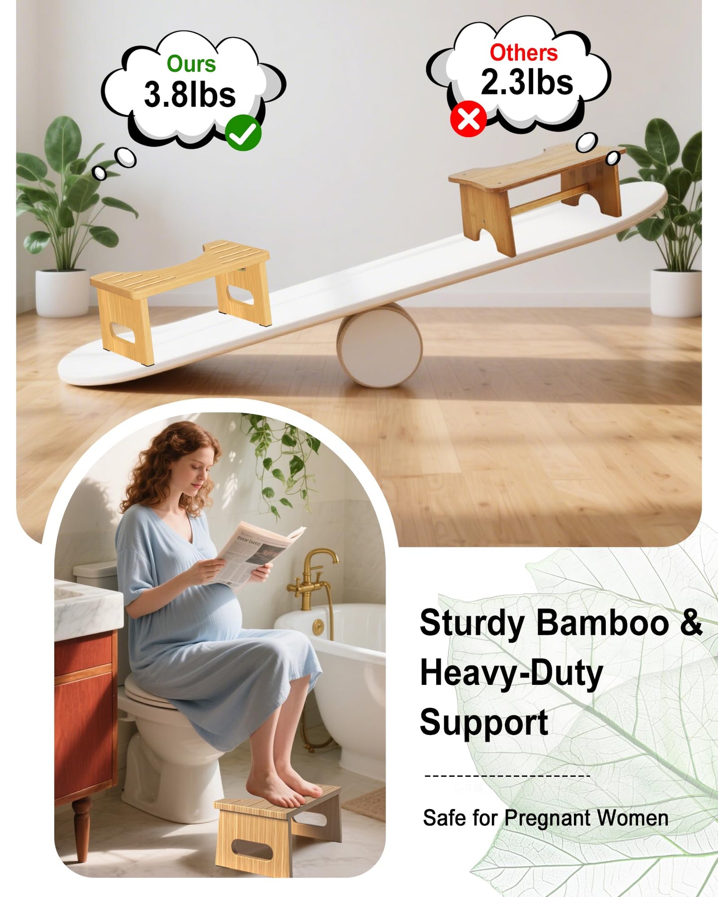 Toilet Stool 7 Inch Bamboo Squatting Step Stool for Adults, Kids & Elderly, Foldable Bathroom Stools , Anti-Slip & Easy to Clean Potty Tool