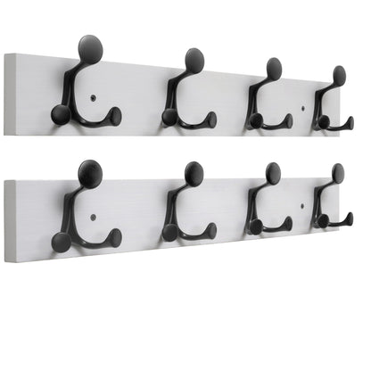 HONSKY Wall Mounted Coat Rack, 61cm White Pine Wood Base, 4 Black Sturdy Aluminium Alloy Triple Hooks12 Hanging Points