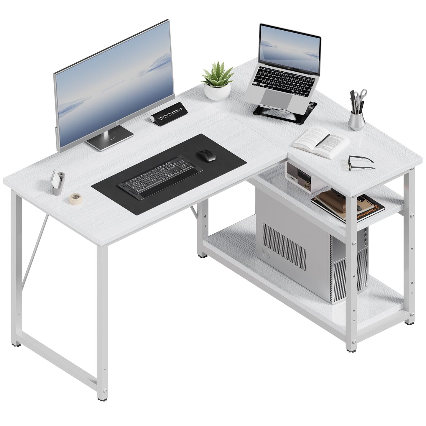 JUMMICO Small L Shaped Desk 100x80cm with Storage, Corner Computer Desk with Reversible Shelf, Sturdy Office Desk & Workstations for Home Office