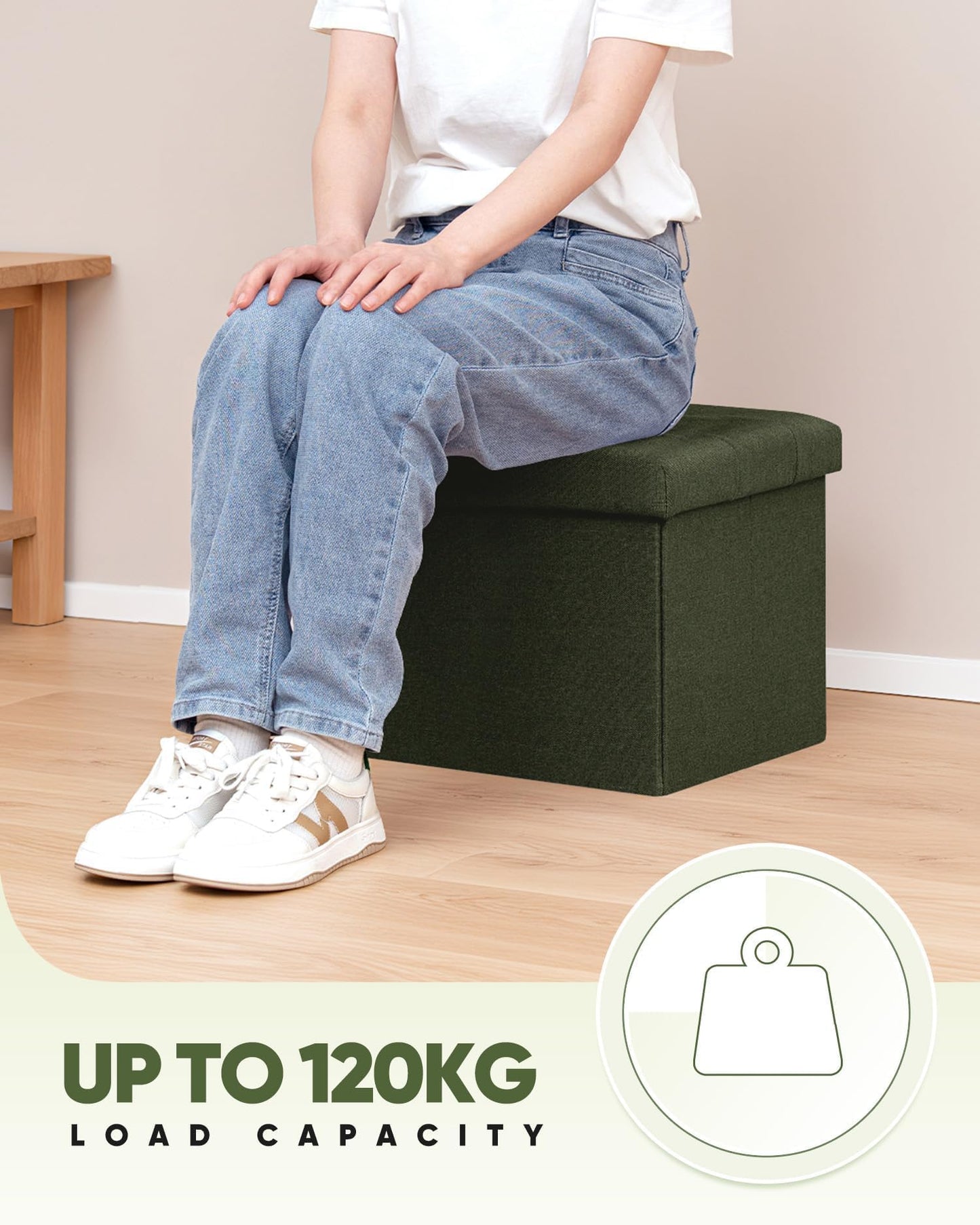 Bonlife Storage Ottoman, Folding Small Foot Rest,Toy Chest Storage Footrest Seat, Footstool for Living Room, Bedroom, Dorm, Linen,Olive,42x32x32cm