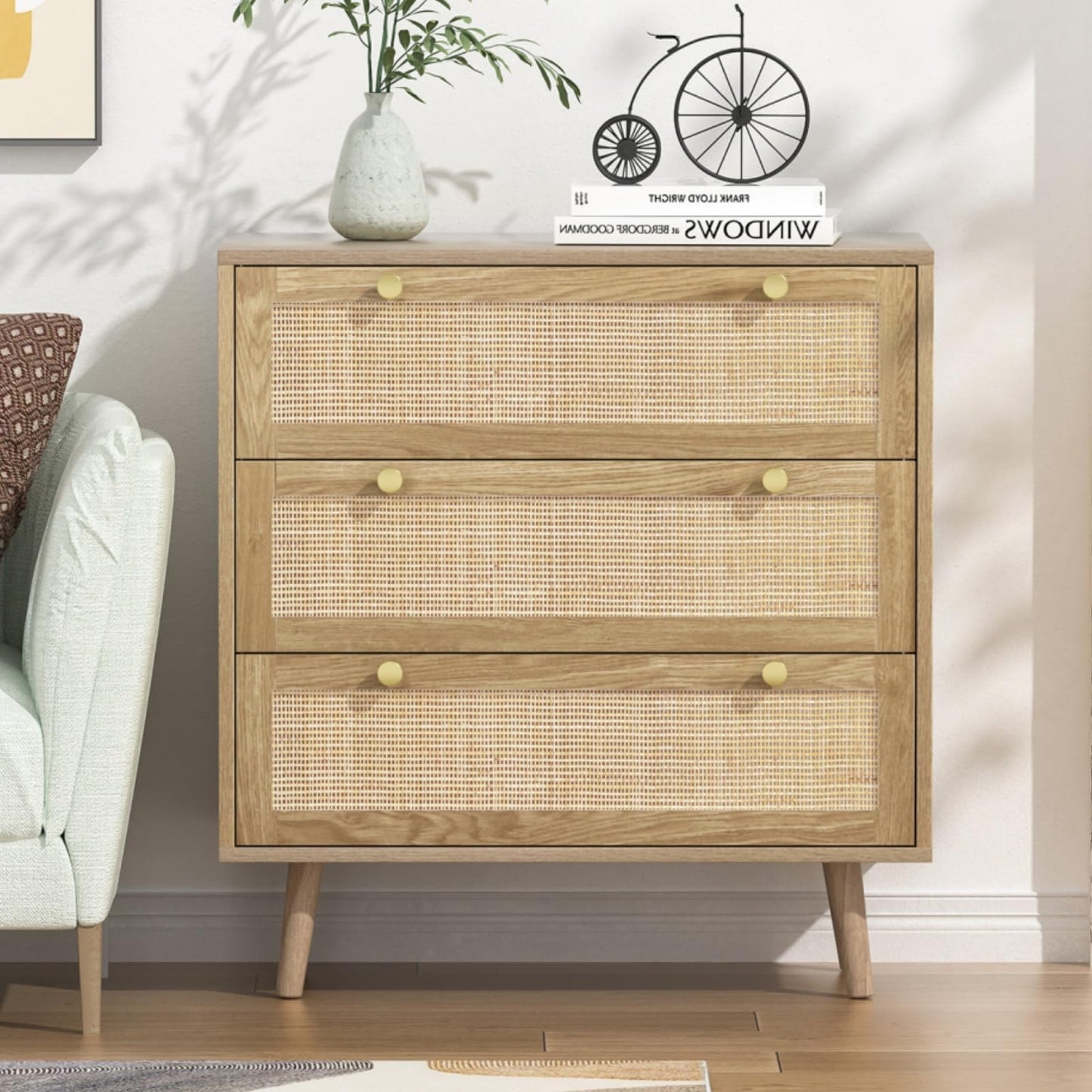 Skokliz Tall Chest of Drawers Bedroom, Rattan Slim Chest of 3 Drawers Clothing Storage Cabinet Cupboard Storage Organiser Unit Bedroom Furniture