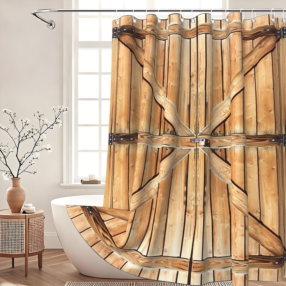 Xiaoterna Rustic Shower Curtain Retro Brown Wooden Door Waterproof Bathroom Curtain Western Country Harvest Farm Barn Machine Washable Mildew