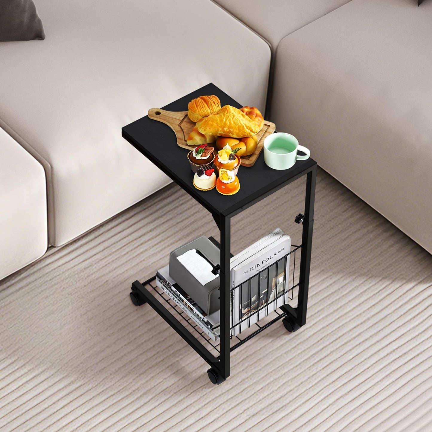 C Shaped Side Table Metal Frame Black Side Table With Wheels 2-tier Shelf