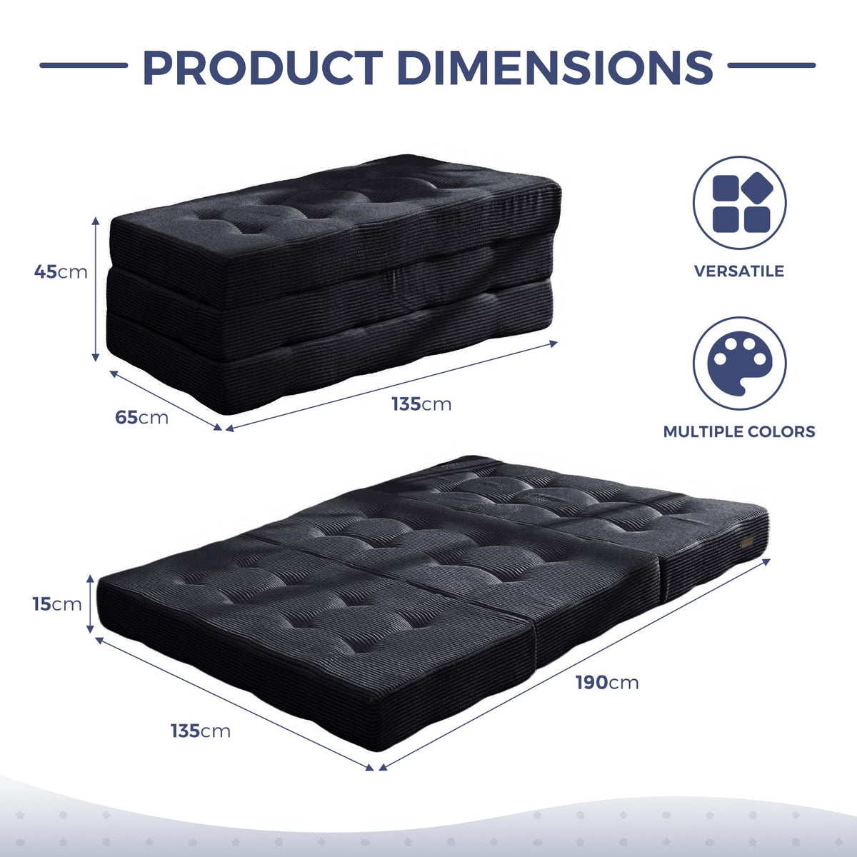 MAXYOYO Folding Mattress, Comfy Corduroy Foldable Mattress with 15cm Thicken Foam, Tri-Fold Floor Futon Sofa Bed for Guest,Black,Double