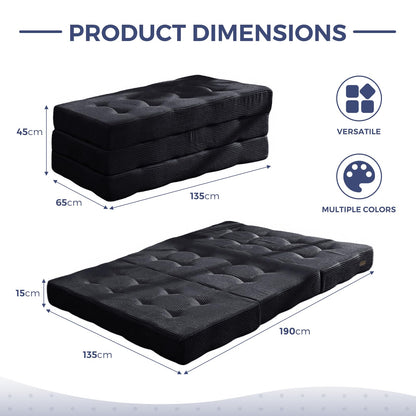 MAXYOYO Folding Mattress, Comfy Corduroy Foldable Mattress with 15cm Thicken Foam, Tri-Fold Floor Futon Sofa Bed for Guest,Black,Double