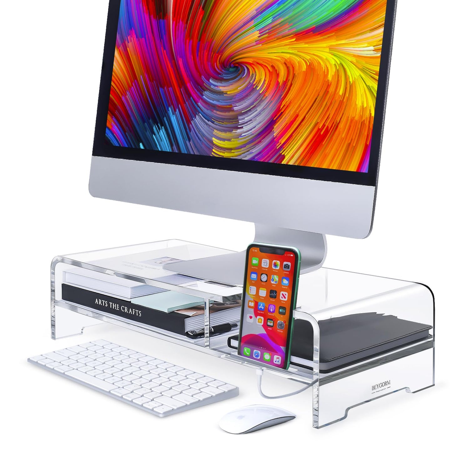 BEYGORM Acrylic Monitor Stand Riser, Wide 20", 2 Tier Computer with Storage, Desk Organizer Desktop Printer Laptop Storage Shelf Screen Holder Phone