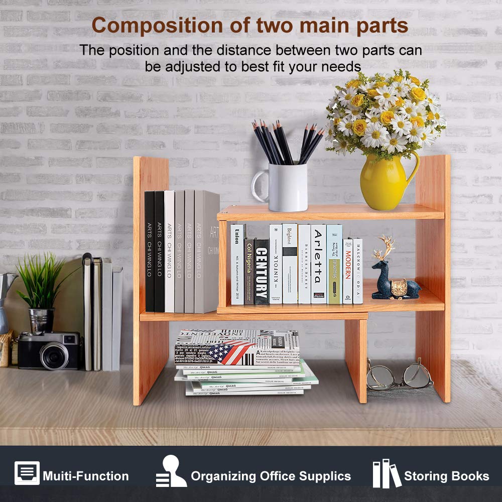 Bamboo Desk Storage Organizer, Desktop Display Shelf Rack, Multipurpose Bookshelf for Office & Home, Expandable Desktop Stand Bookshelf