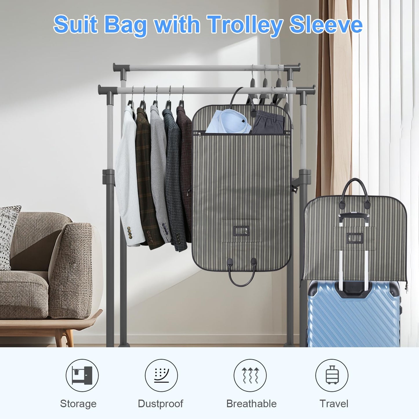 BotaBay Travel Garment Bag, Waterproof Oxford Fabric Suit Carrier with Foldable Design, Top Leather Handles & Trolley Sleeve