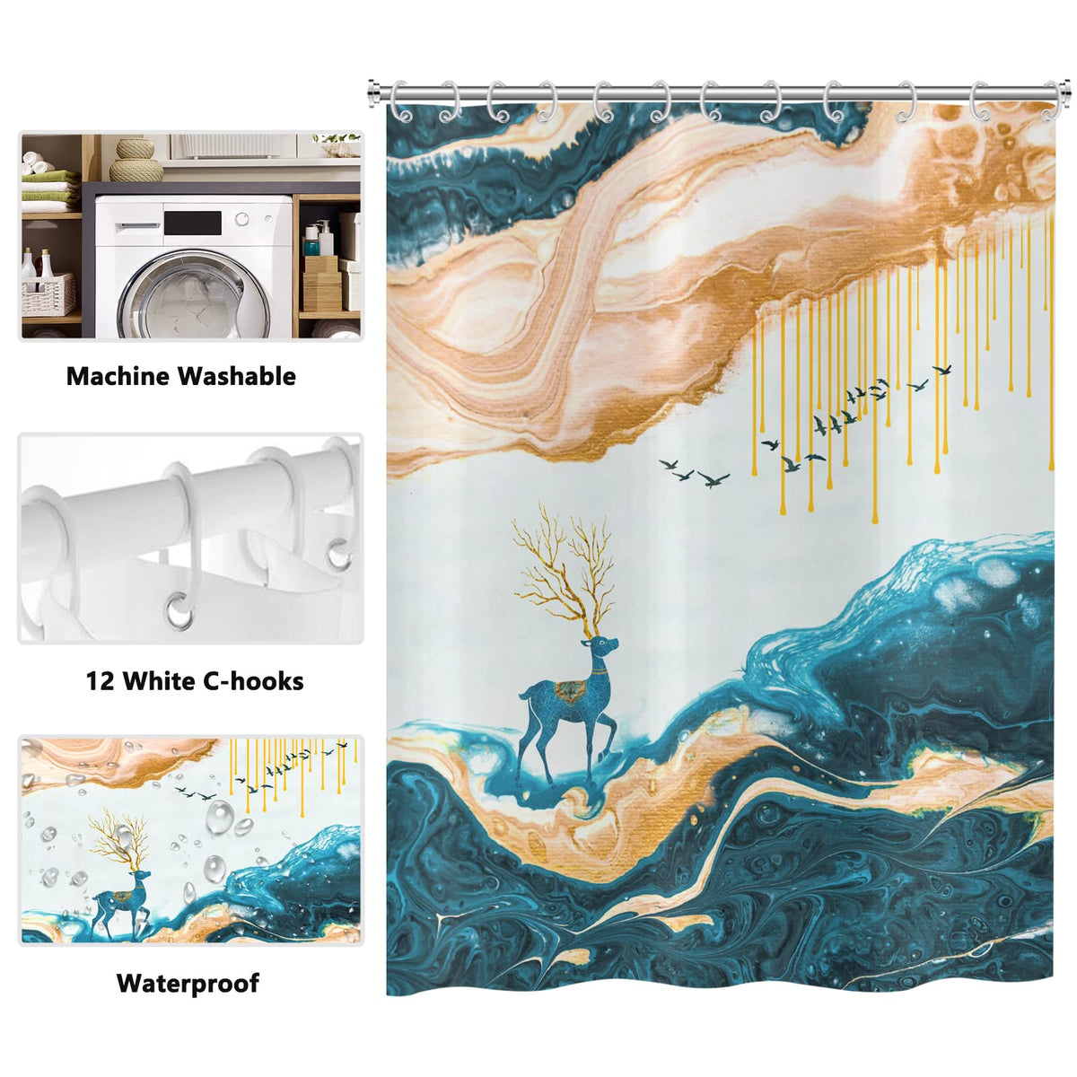 ASDCXZ Shower Curtain Marble 180x180 cm, Modern Abstract Orange Cyan Deer Marble Optic Texture Washable Fabric Shower Curtains Polyester Textile