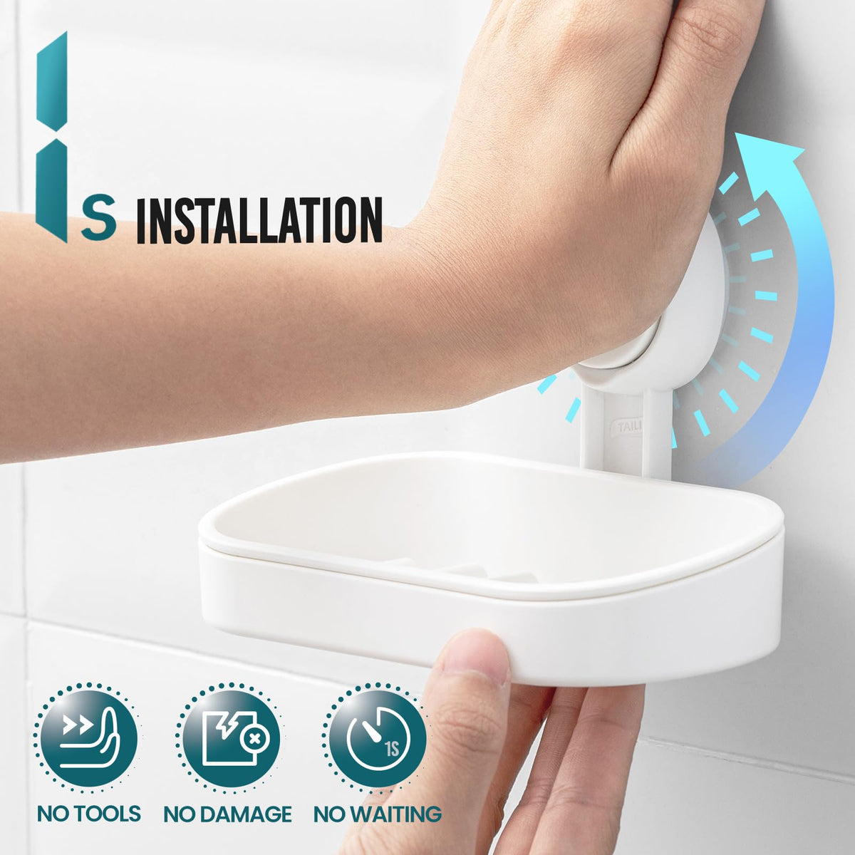 TAILI Suction Soap Dish for Shower, Drill-Free Wall Mounted Holder, White