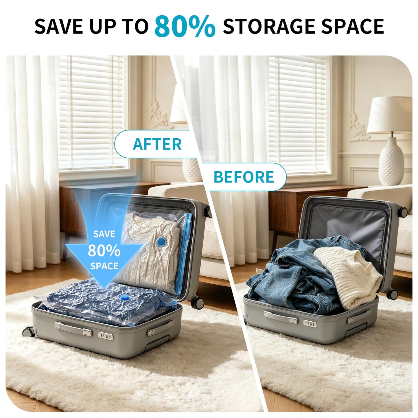 Vacuum Storage Bags with Electric Pump,20 Pack Vacuum Pack Bags for Clothes,Save 80% Space for Travel Luggage&Home Organization,Vacuum Compression