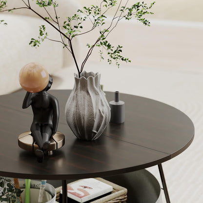 Manora Round Coffee Table Black Walnut with Storage Fabric Basket