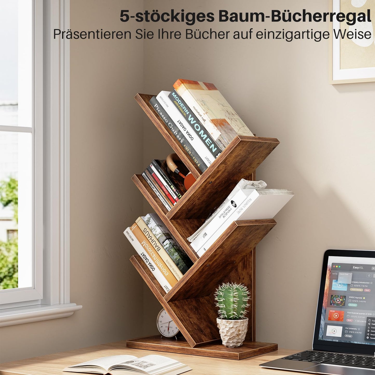 iSunirm 5-Tier Tree Bookshelf, Floor Standing Bookcase, Modern Wood Book Shelf for Bedroom, Living Room, Home Office, 38x20x77cm,Brown