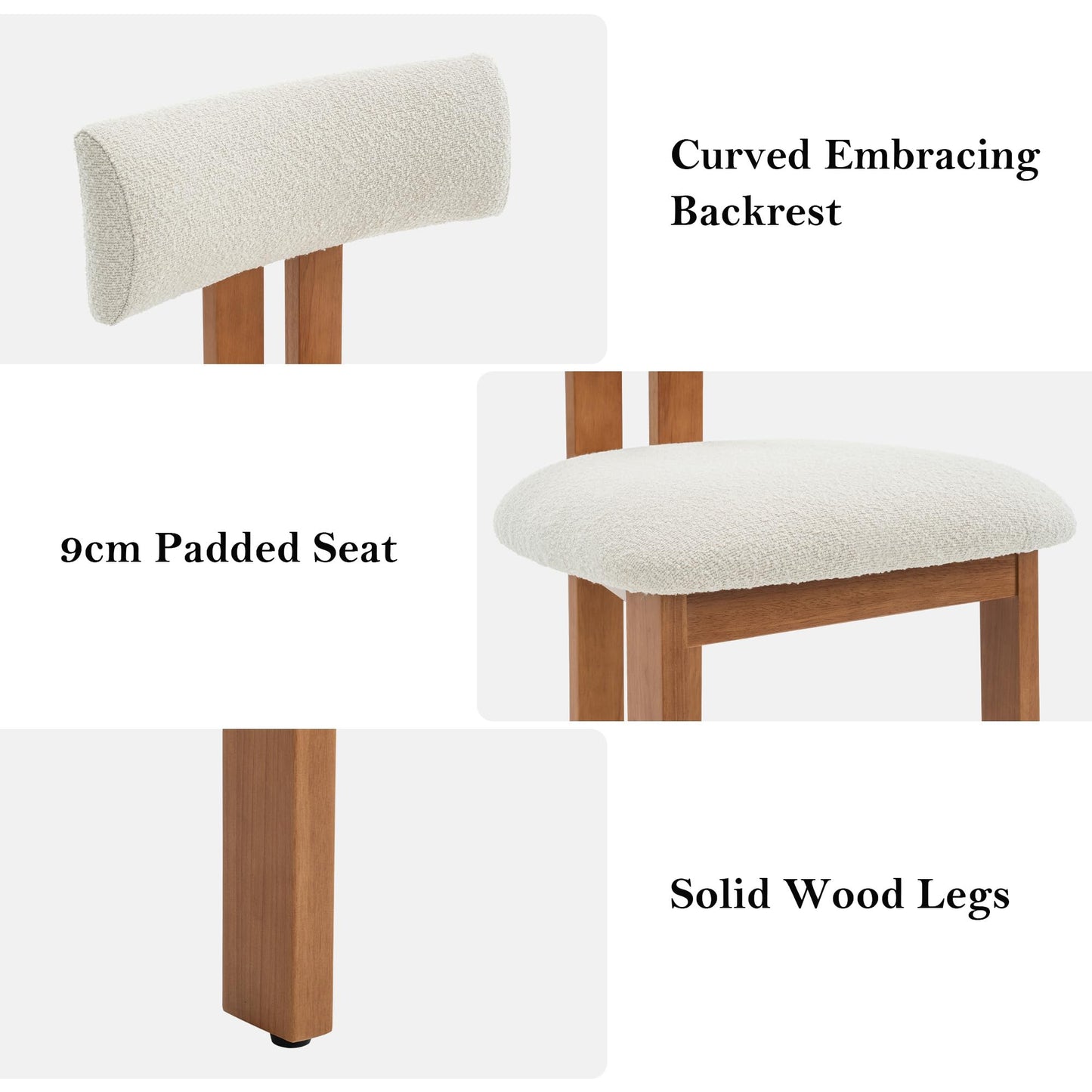 younturn Retro Mid Century Dining Chairs Set of 2, Boucle Upholstered Seats with Backrest and Solid Wooden Legs, Kitchen Chairs for Dining Room