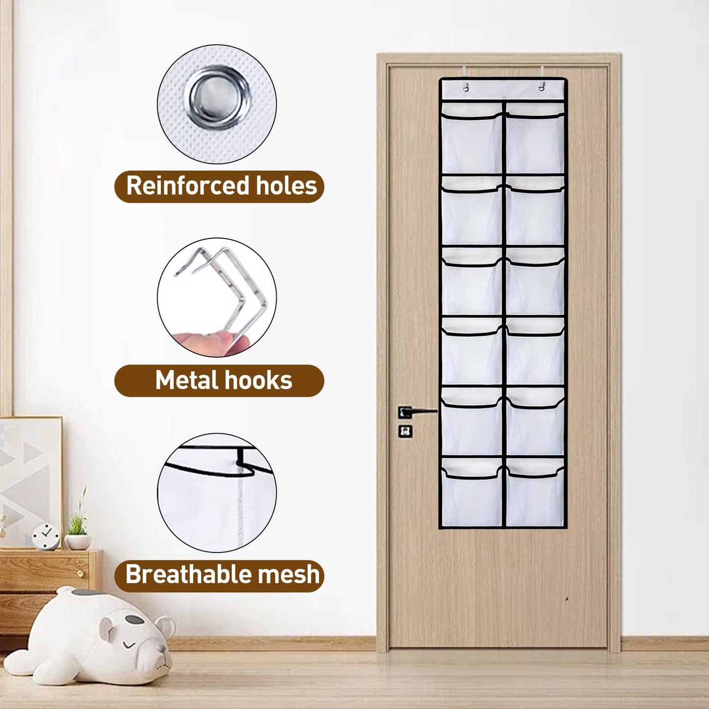 SOPSTUO Hanging Shoe Storage, Over Door Shoe Storage, Door Shoe Rack,12 Breathable Mesh Huge Pockets