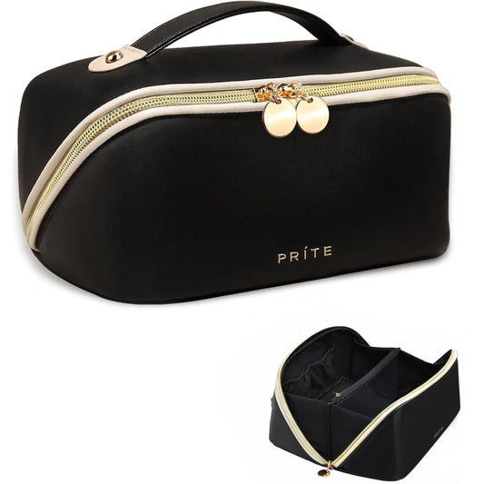 Prite Large Capacity Makeup Bag Portable Travel Cosmetic Bag Waterproof Toiletry Case with Clear Divider and Handle (Black M)