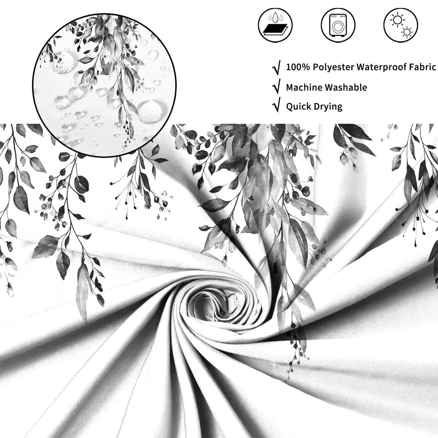 ASDCXZ Black Eucalyptus Shower Curtain 180x200 cm, Spring Watercolor Eucalyptus Leaves Floral Plants Waterproof Bath Curtain Polyester Textile