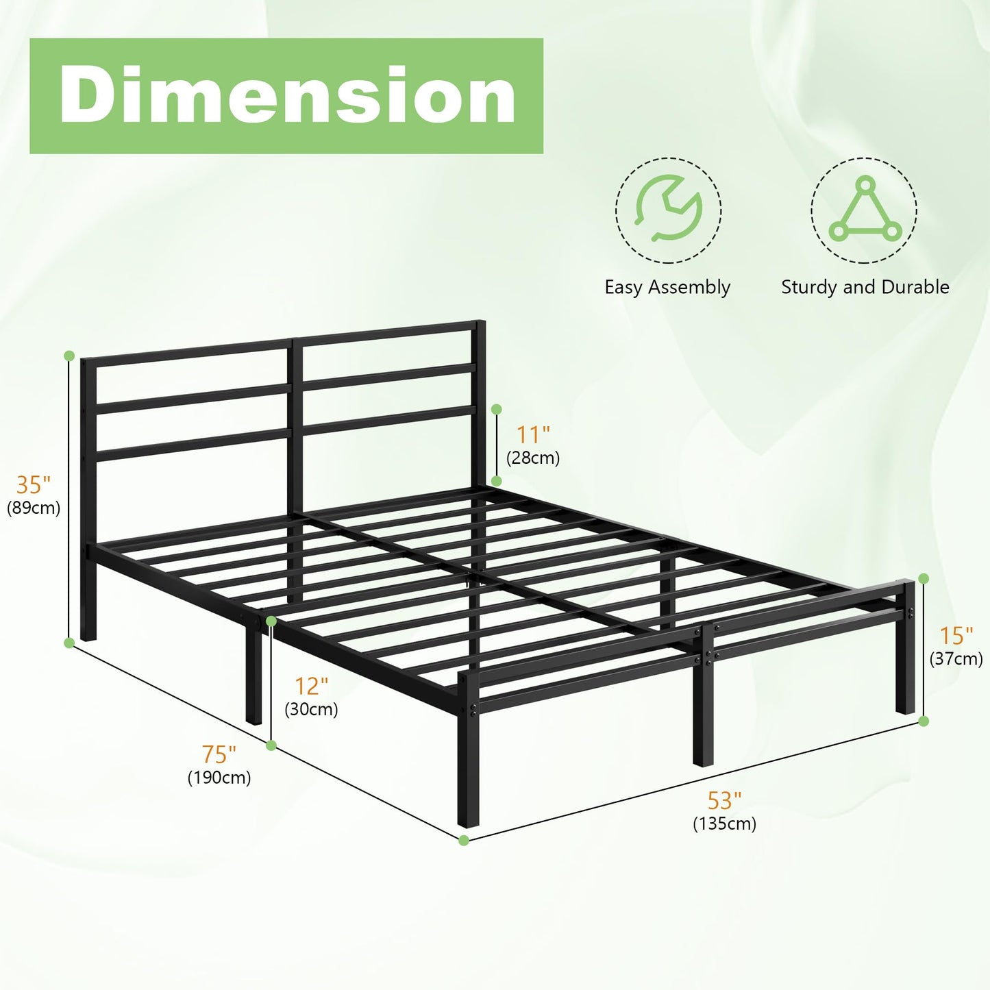 Lutown-Teen Metal Double Bed Frame with Headboard and Footboard