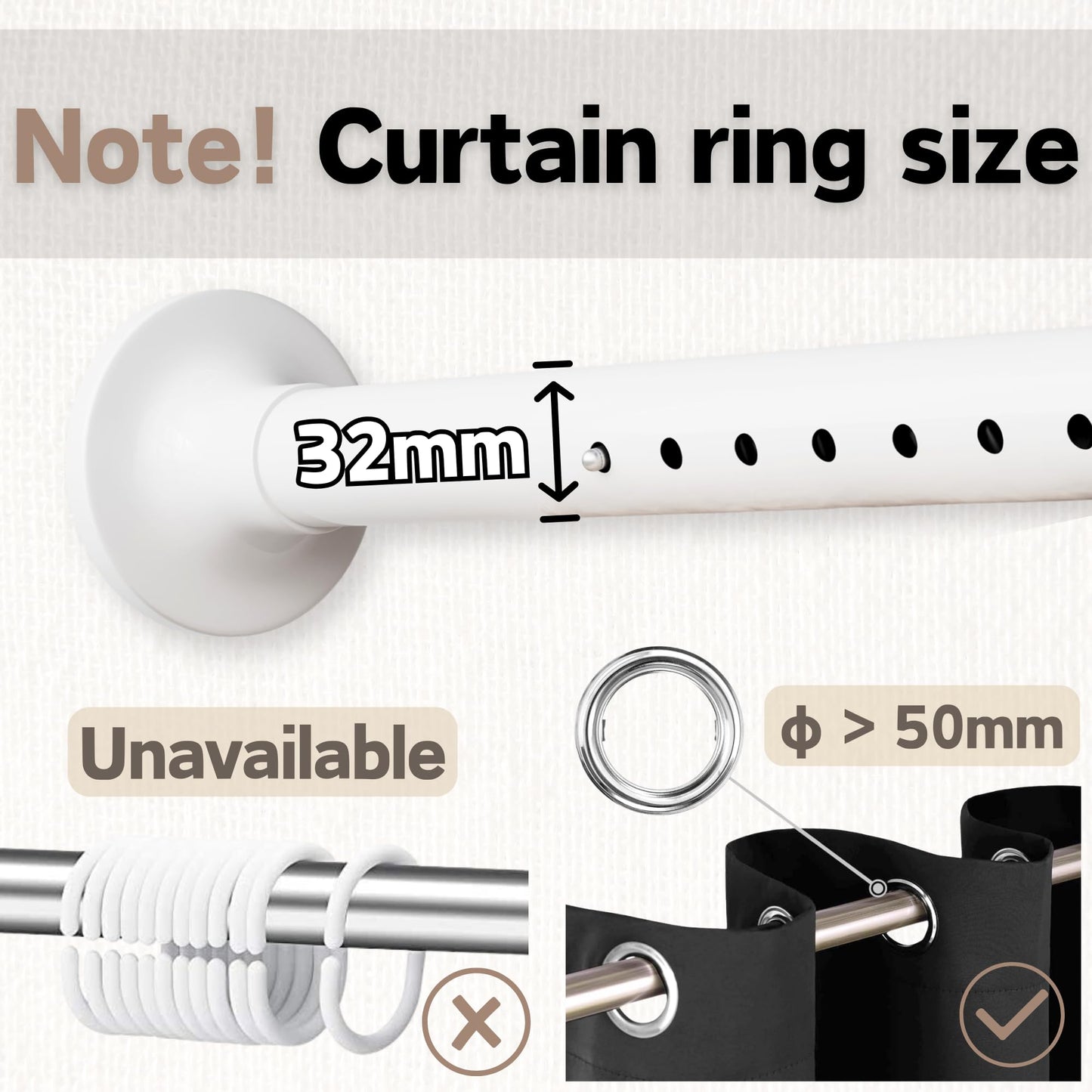 Shower Pole Extendable Curtain Poles Stainless Steel Tension Rods Anti-Slip Curtain Rod no Drilling Wardrobe Pole for Living Room, Bedroom, Bathroom