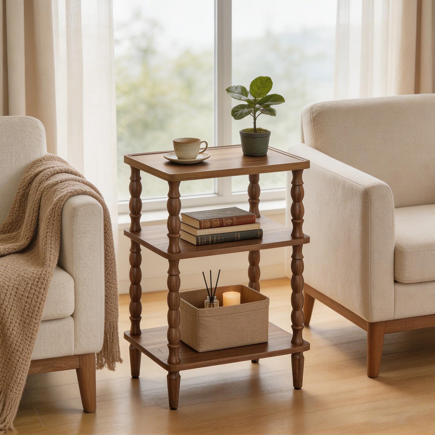 HOOBRO Side Table, 3-Tier Small Table with Solid Wood Legs, Retro Bedside Table Sofa Table with Open Shelf, Nightstand, Accent Table for Small Space
