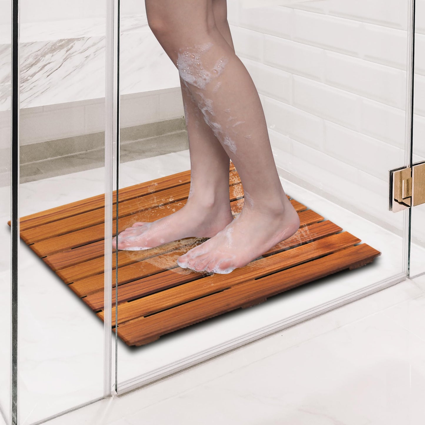 VaeFae Teak Shower Mat, Non-Slip Bath Mat, Luxury Spa Mat, Wooden Mat for Bathtub, 50.8 x 50.8 cm