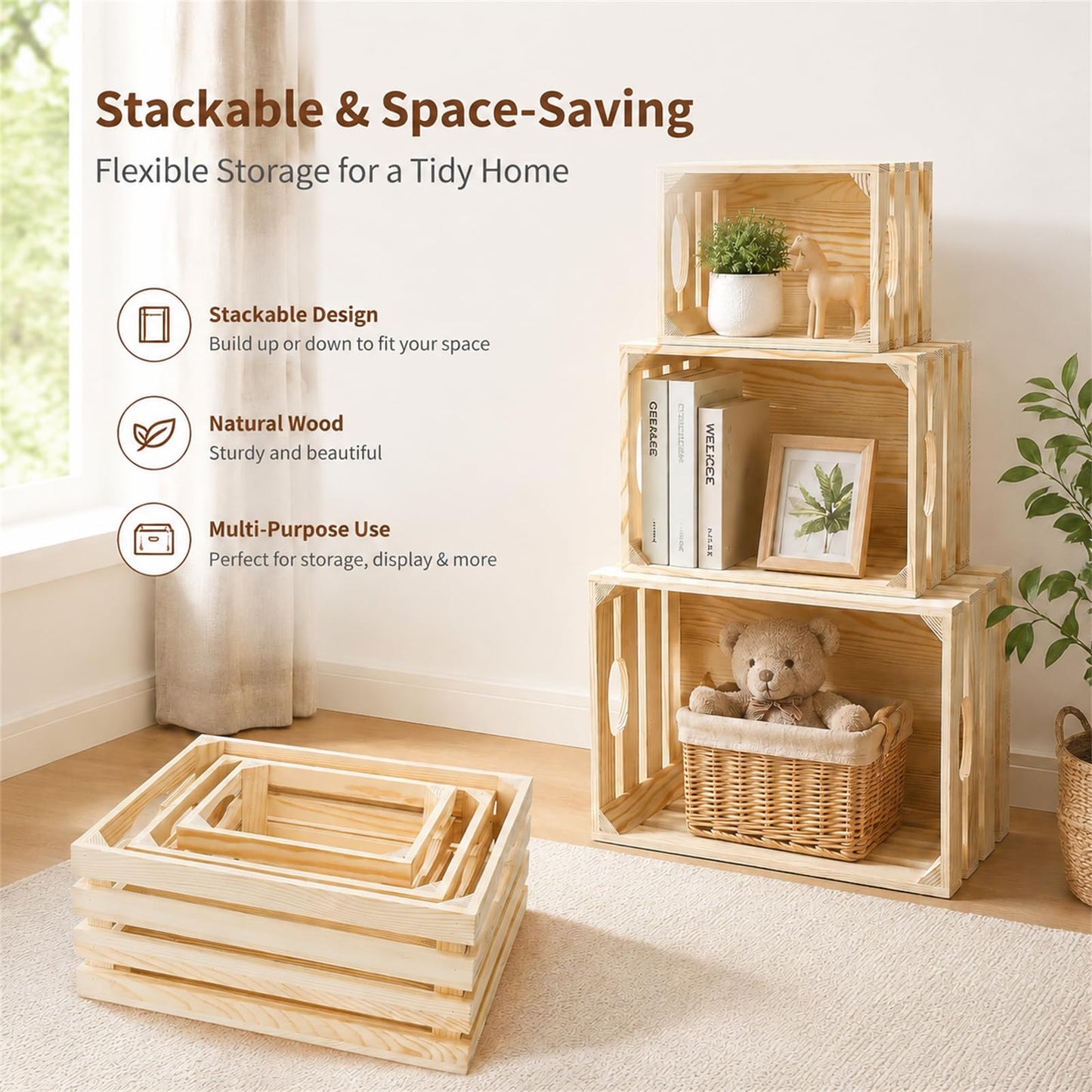 ZENFUN Set of 3 Nesting Wooden Crates, Rustic Various Size Decoration Boxes with Handles, Farmhouse Wooden Crates Storage Basket for Organizing