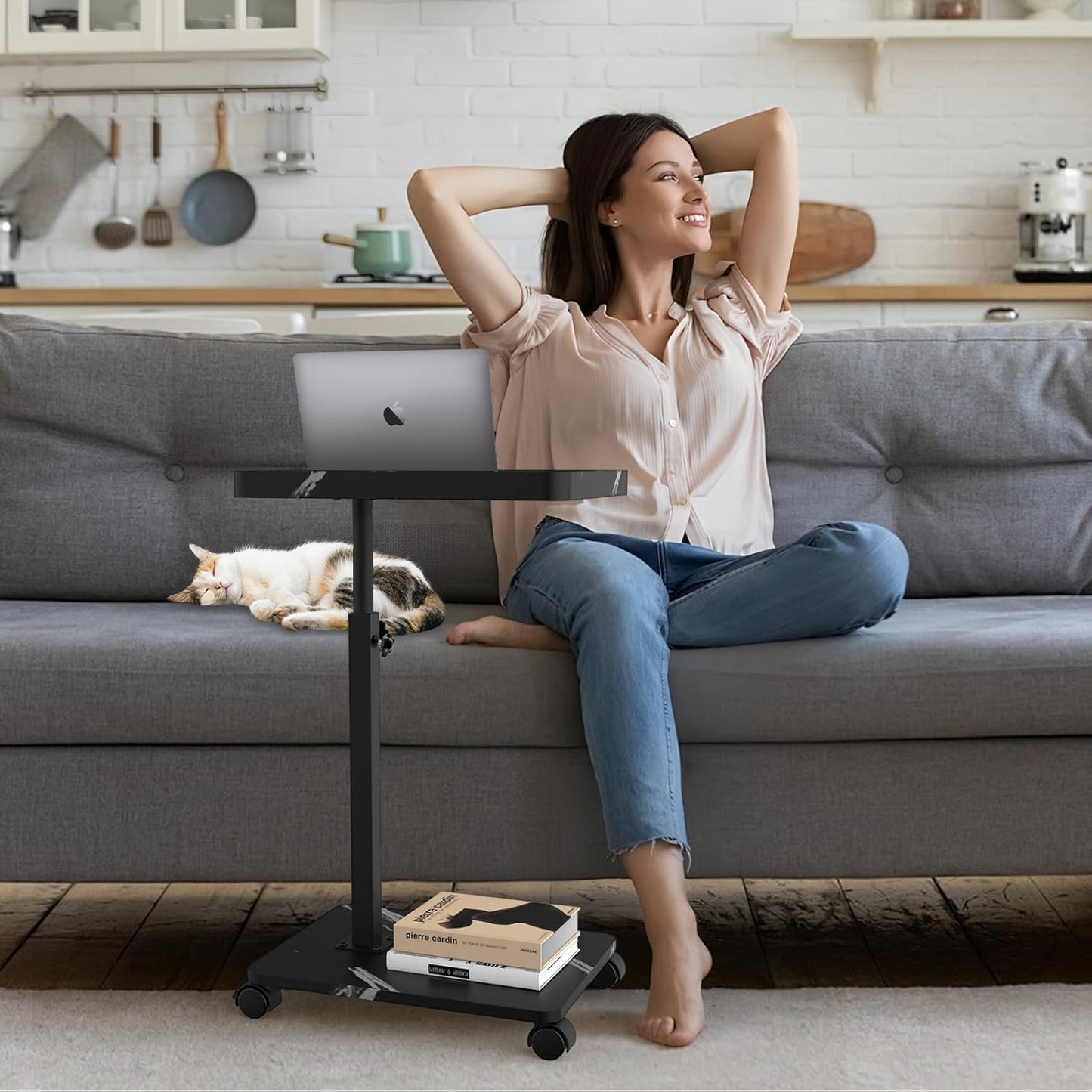 Kiss Me C Shaped Side Table, Height Adjustable, 360° Swivel With Wheels